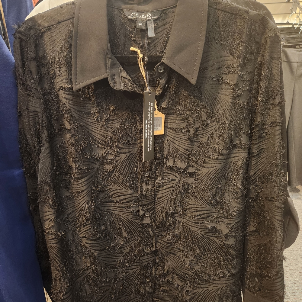 Charlie B Black Textured Button Front Blouse Shirt Size L NWT